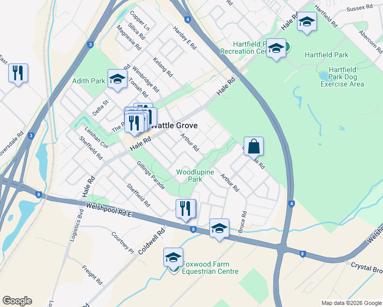 map of restaurants, bars, coffee shops, grocery stores, and more near 8 Marloo Street in Wattle Grove