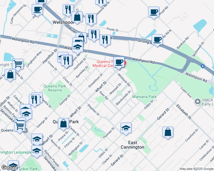 map of restaurants, bars, coffee shops, grocery stores, and more near 307 Wharf Street in Queens Park