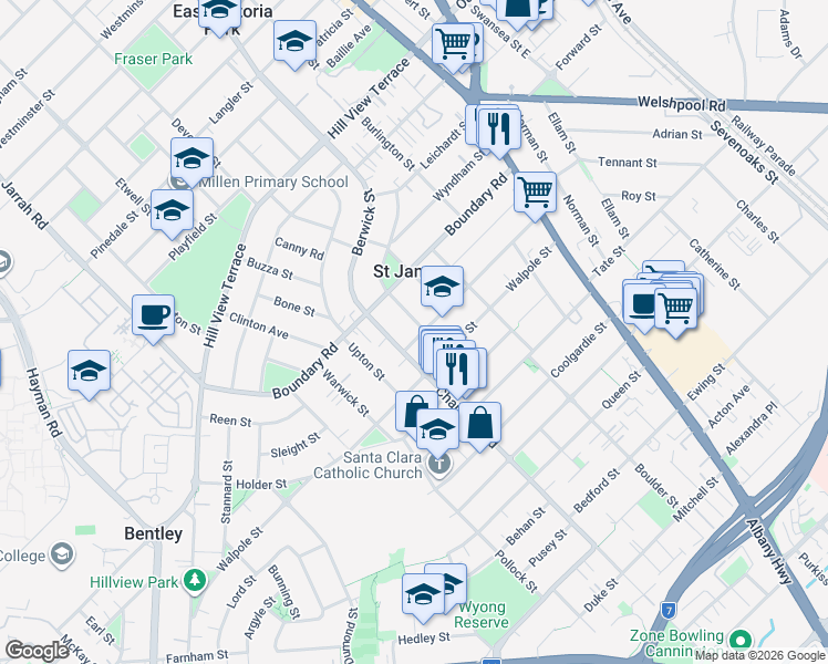 map of restaurants, bars, coffee shops, grocery stores, and more near 83 Beaconsfield Street in Saint James