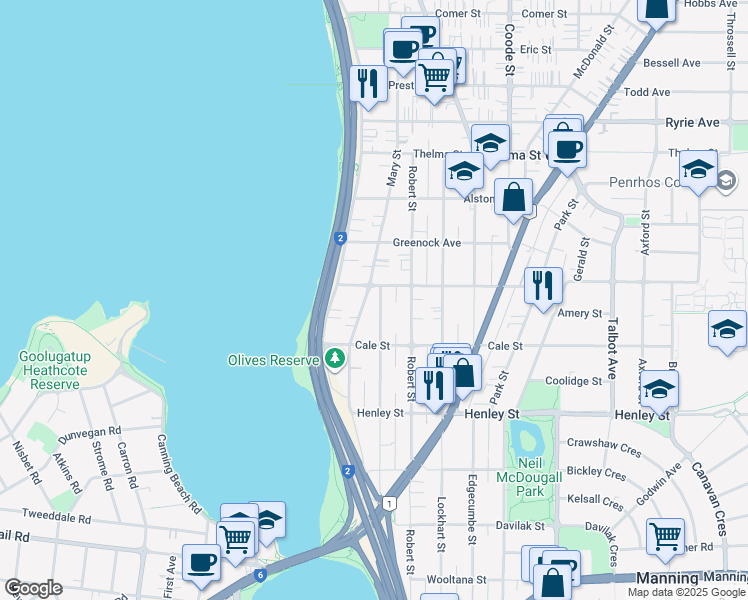 map of restaurants, bars, coffee shops, grocery stores, and more near 90 Mary Street in Como