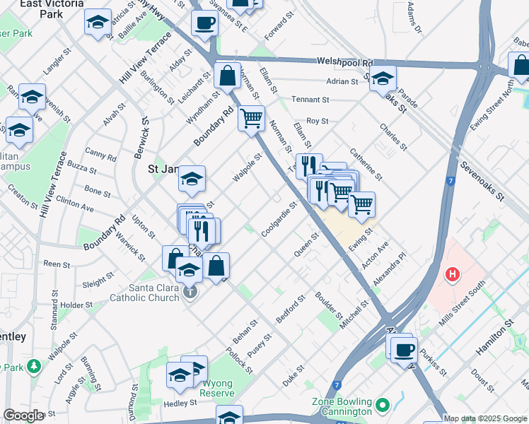 map of restaurants, bars, coffee shops, grocery stores, and more near 16 Palmerston Street in Saint James