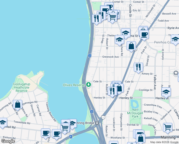 map of restaurants, bars, coffee shops, grocery stores, and more near 170 Melville Parade in Como