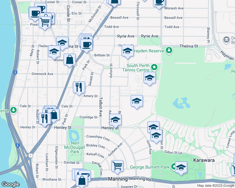 map of restaurants, bars, coffee shops, grocery stores, and more near 9 Bruce Street in Como