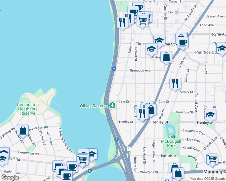 map of restaurants, bars, coffee shops, grocery stores, and more near 171 Melville Parade in Como
