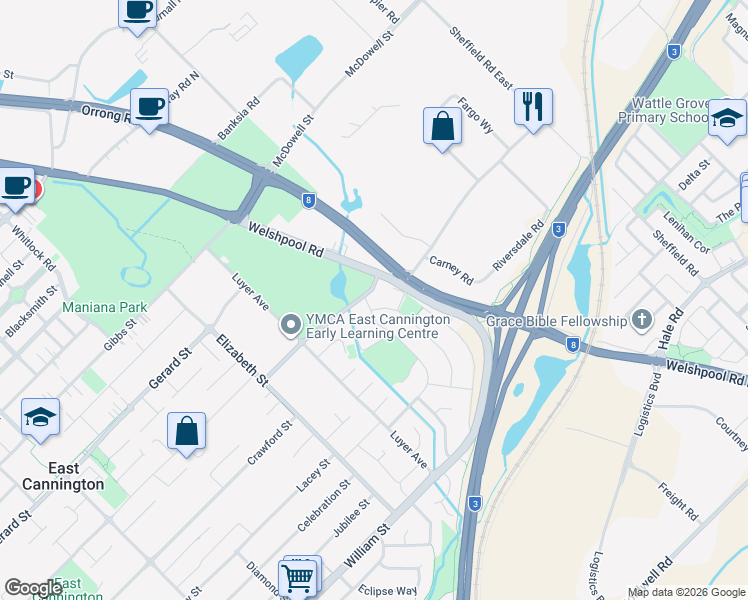 map of restaurants, bars, coffee shops, grocery stores, and more near 4 Silvereye Close in East Cannington