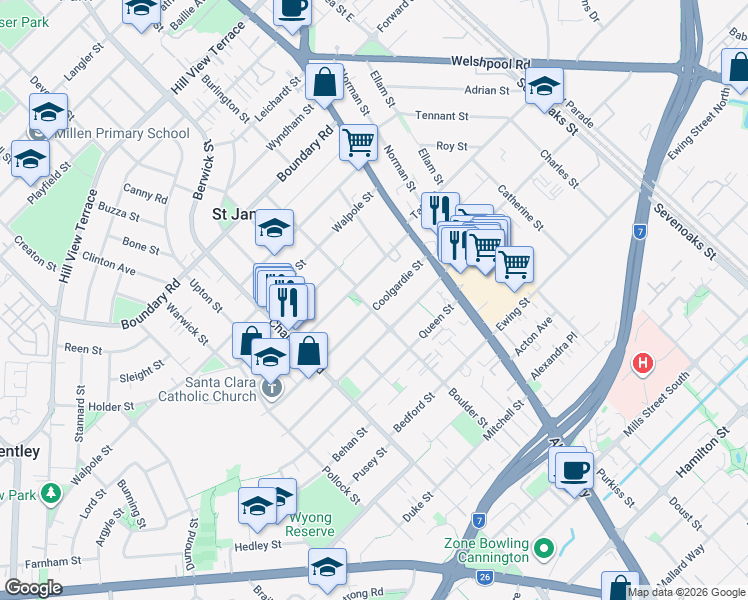 map of restaurants, bars, coffee shops, grocery stores, and more near 31 Coolgardie Street in Saint James