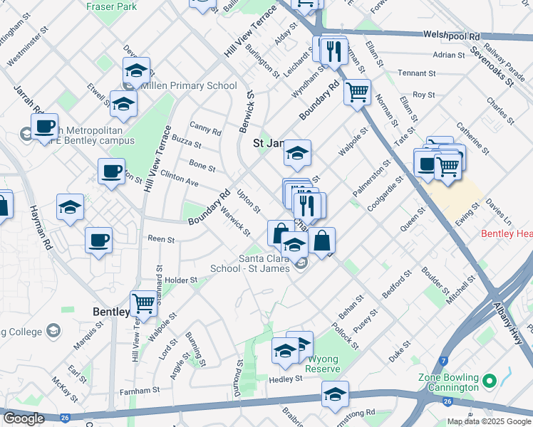map of restaurants, bars, coffee shops, grocery stores, and more near 76 Upton Street in Saint James