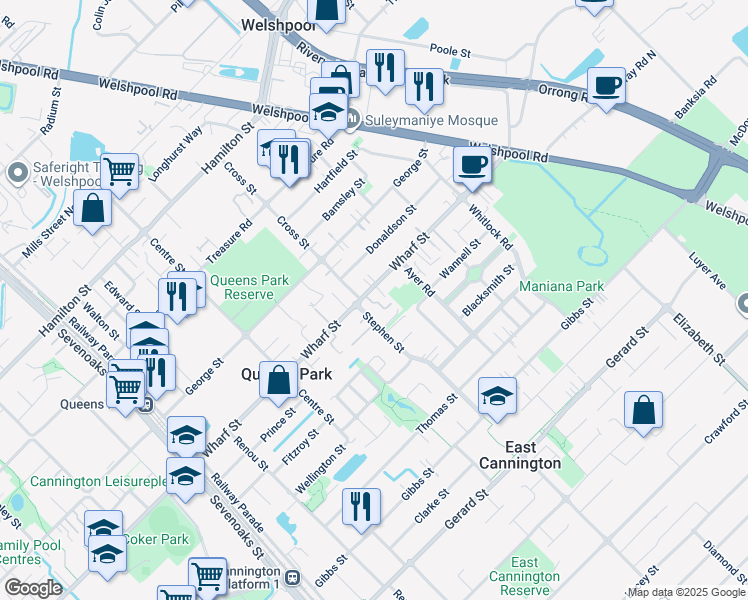 map of restaurants, bars, coffee shops, grocery stores, and more near 285 Wharf Street in Queens Park