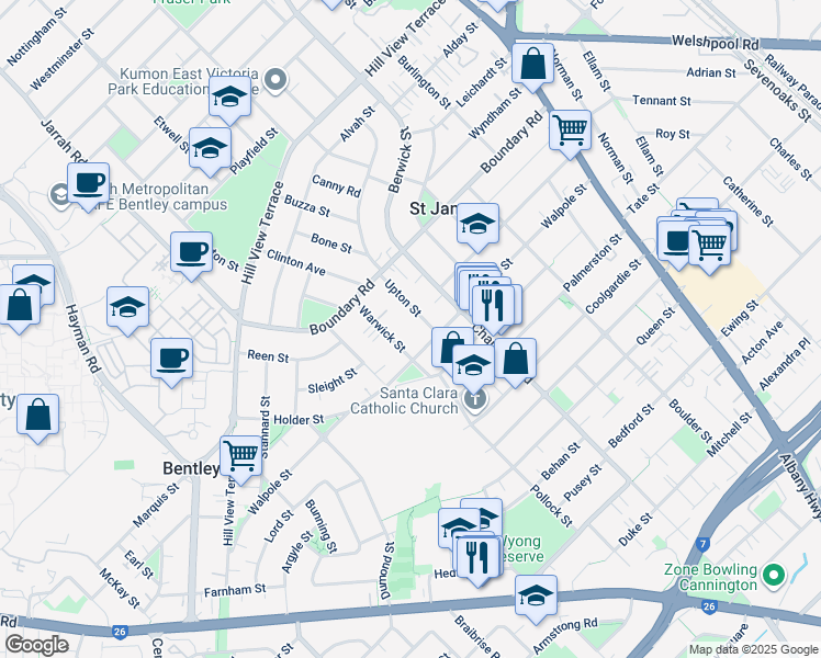 map of restaurants, bars, coffee shops, grocery stores, and more near 73 Upton Street in Saint James