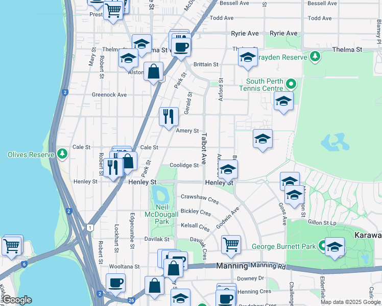 map of restaurants, bars, coffee shops, grocery stores, and more near 43B Cale Street in Como