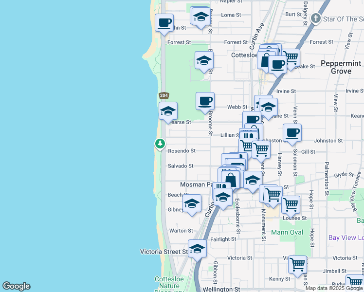 map of restaurants, bars, coffee shops, grocery stores, and more near 23 Avonmore Terrace in Cottesloe