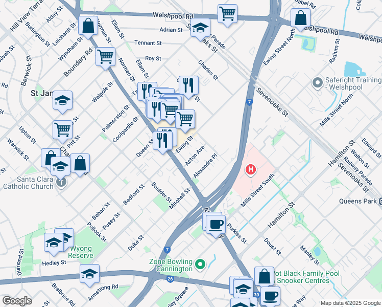 map of restaurants, bars, coffee shops, grocery stores, and more near 7 Acton Avenue in Bentley