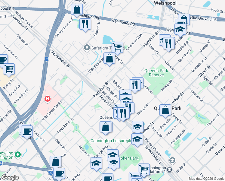 map of restaurants, bars, coffee shops, grocery stores, and more near 16 Walton Street in Queens Park