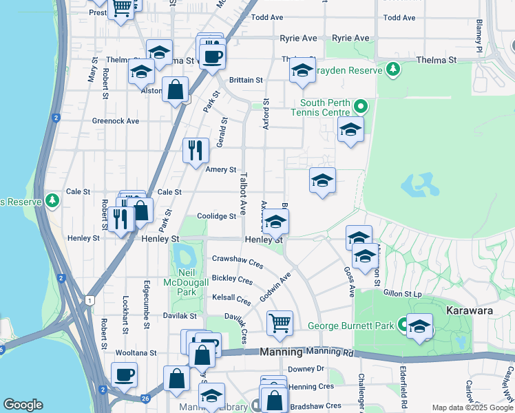 map of restaurants, bars, coffee shops, grocery stores, and more near 61A Axford Street in Como