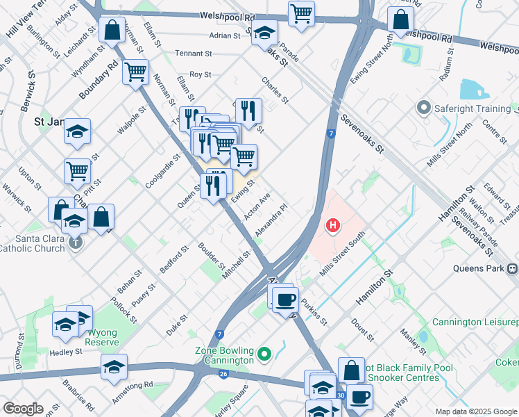 map of restaurants, bars, coffee shops, grocery stores, and more near 8 Acton Avenue in Bentley