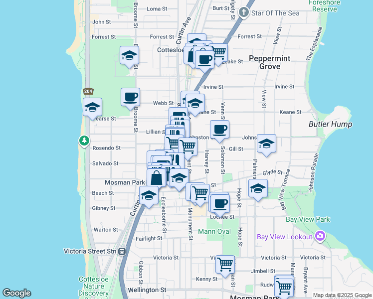 map of restaurants, bars, coffee shops, grocery stores, and more near 8 Monument Street in Mosman Park