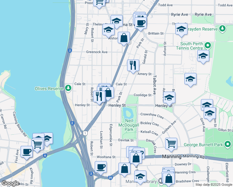 map of restaurants, bars, coffee shops, grocery stores, and more near 63 Park Street in Como