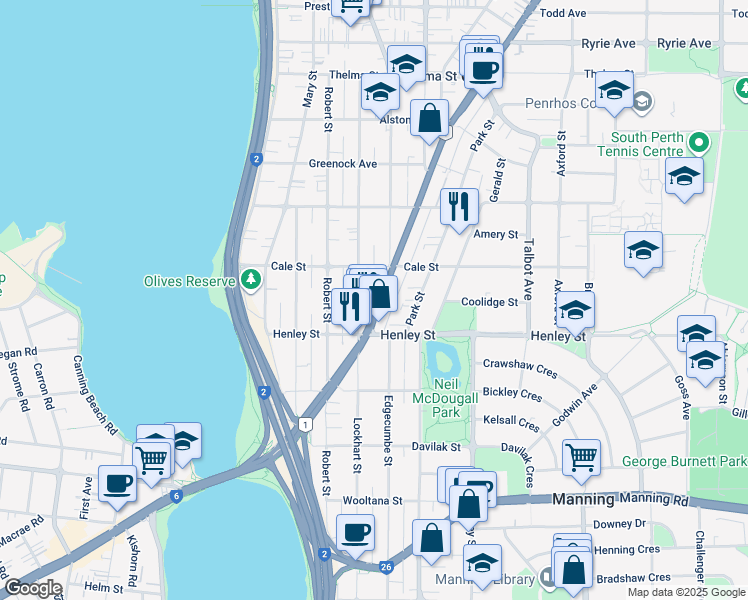 map of restaurants, bars, coffee shops, grocery stores, and more near 451 Canning Highway in Como