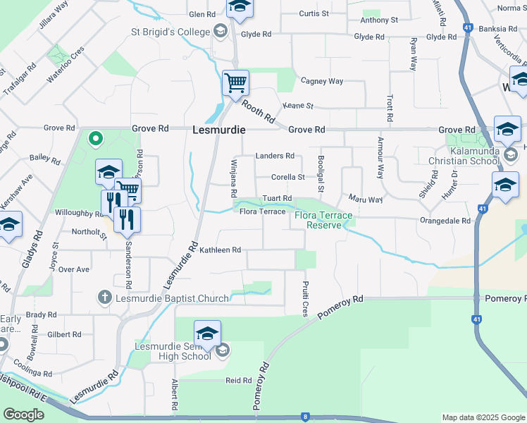 map of restaurants, bars, coffee shops, grocery stores, and more near Flora Terrace in Lesmurdie