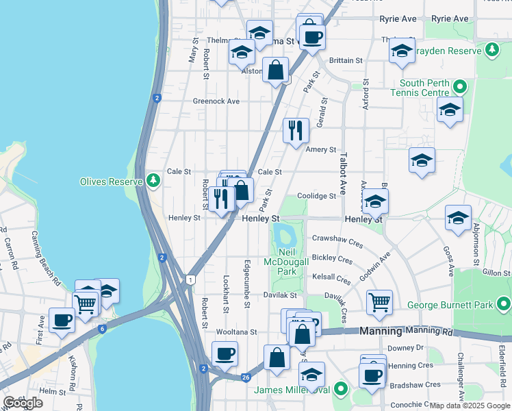 map of restaurants, bars, coffee shops, grocery stores, and more near 69 Park Street in Como