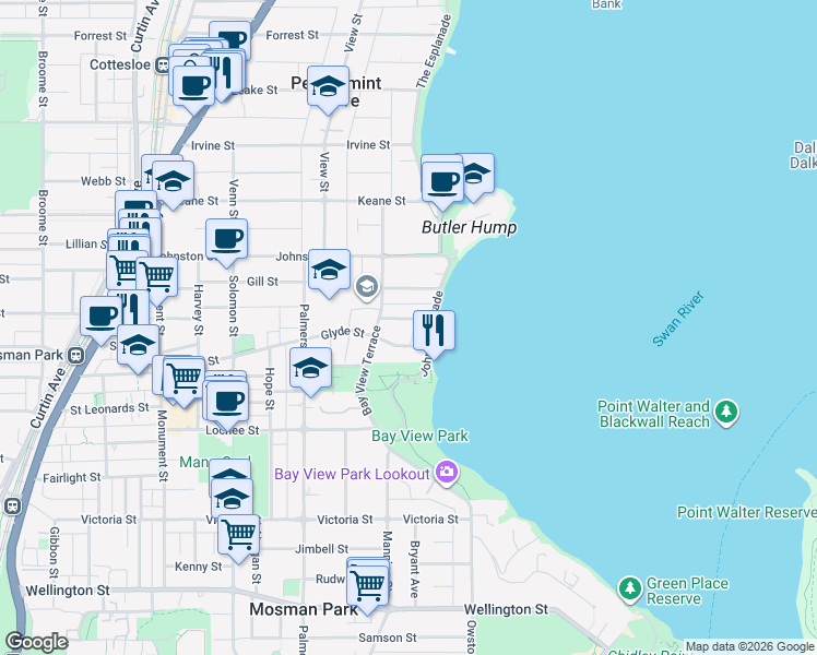 map of restaurants, bars, coffee shops, grocery stores, and more near 4A Mosman Terrace in Mosman Park