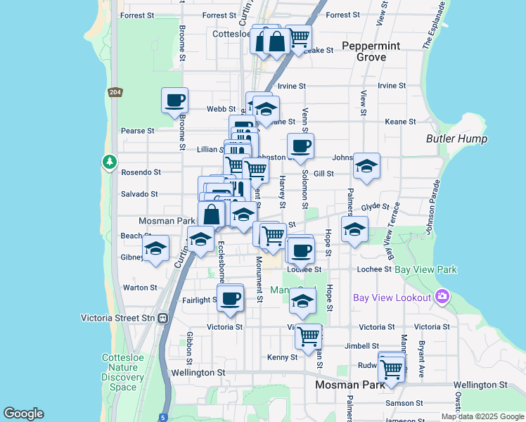 map of restaurants, bars, coffee shops, grocery stores, and more near 27 Monument Street in Mosman Park