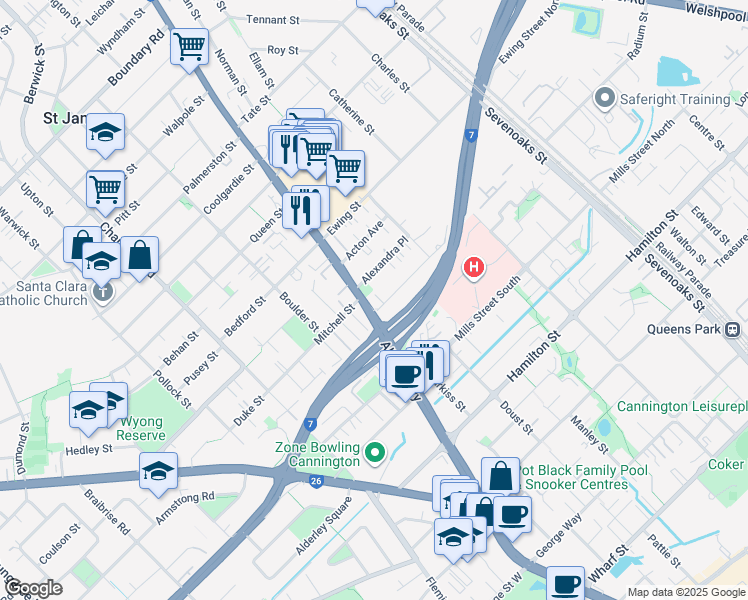 map of restaurants, bars, coffee shops, grocery stores, and more near 1196 Albany Highway in Bentley