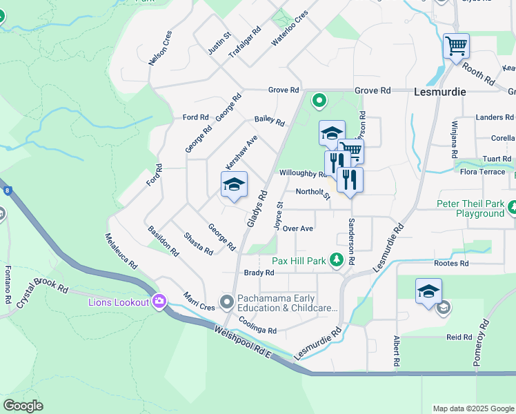 map of restaurants, bars, coffee shops, grocery stores, and more near Gladys Road in Lesmurdie