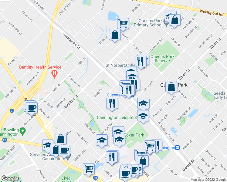 map of restaurants, bars, coffee shops, grocery stores, and more near 39 Stockman Way in Cannington