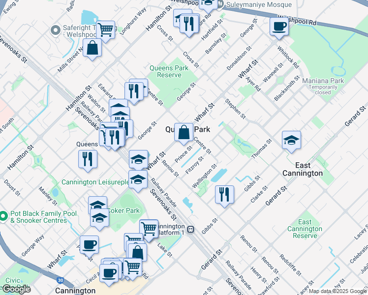 map of restaurants, bars, coffee shops, grocery stores, and more near 34 Prince Street in Queens Park