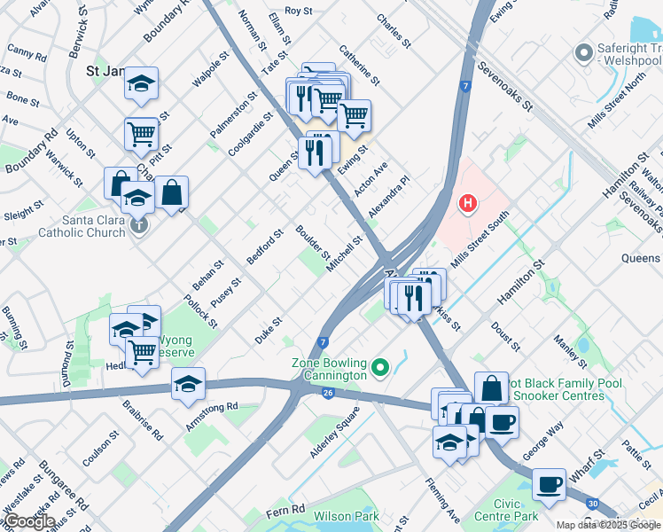 map of restaurants, bars, coffee shops, grocery stores, and more near Mitchell Street in Bentley