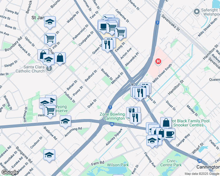 map of restaurants, bars, coffee shops, grocery stores, and more near 30 Mitchell Street in Bentley