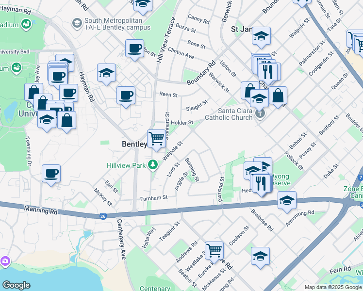 map of restaurants, bars, coffee shops, grocery stores, and more near 122 Walpole Street in Bentley
