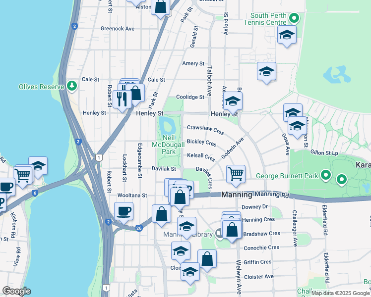 map of restaurants, bars, coffee shops, grocery stores, and more near 18 Ley Street in Como