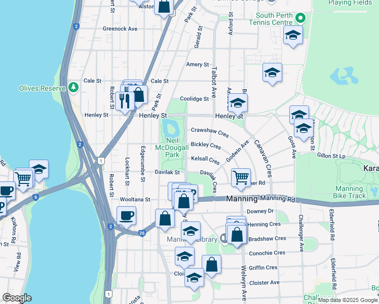 map of restaurants, bars, coffee shops, grocery stores, and more near 18 Ley Street in Como