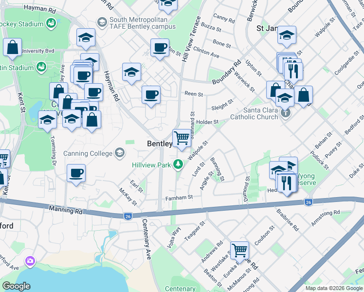 map of restaurants, bars, coffee shops, grocery stores, and more near 182 Hill View Terrace in Bentley