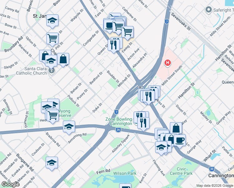 map of restaurants, bars, coffee shops, grocery stores, and more near 8 Brockman Retreat in Bentley