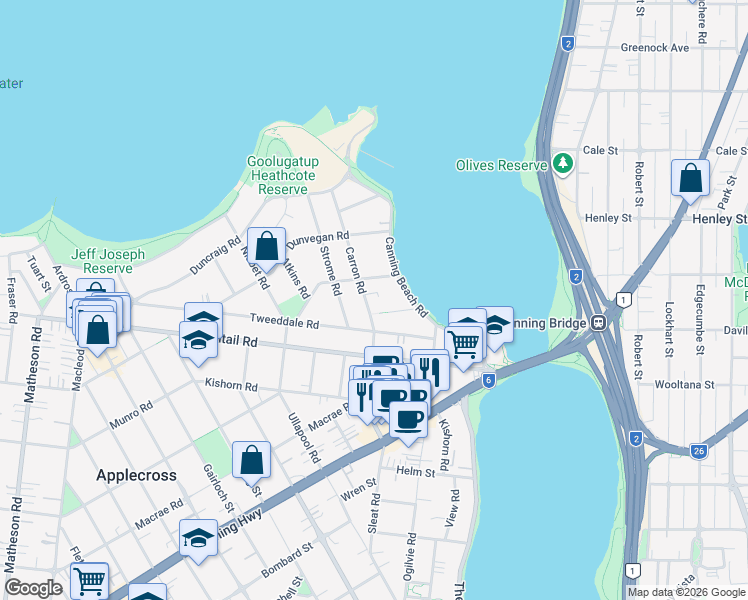 map of restaurants, bars, coffee shops, grocery stores, and more near 34 Carron Road in Applecross