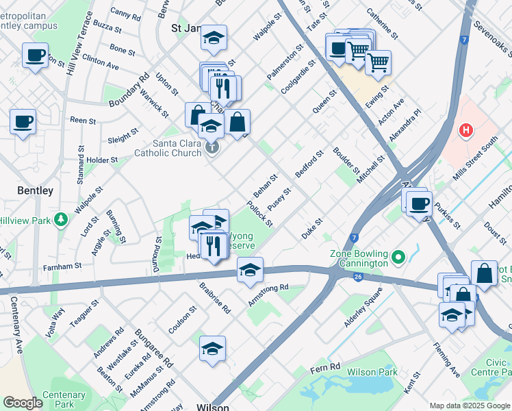 map of restaurants, bars, coffee shops, grocery stores, and more near 42 Pollock Street in Bentley