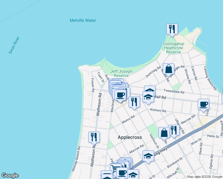 map of restaurants, bars, coffee shops, grocery stores, and more near 29 Ardross Street in Applecross