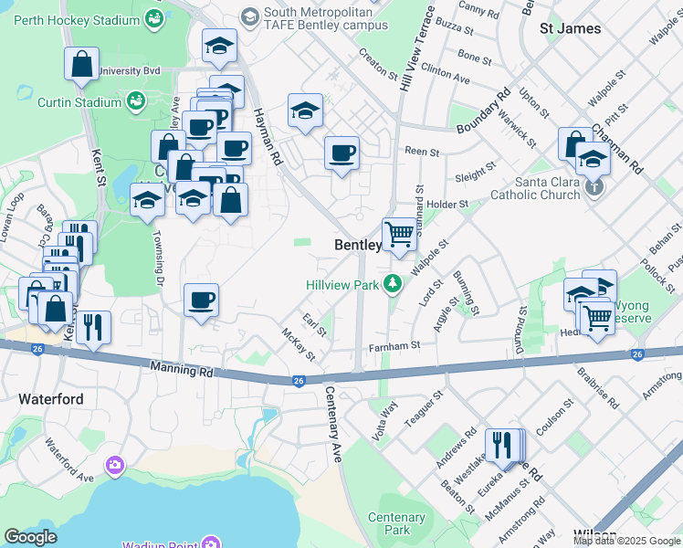 map of restaurants, bars, coffee shops, grocery stores, and more near 18 Marquis Street in Bentley