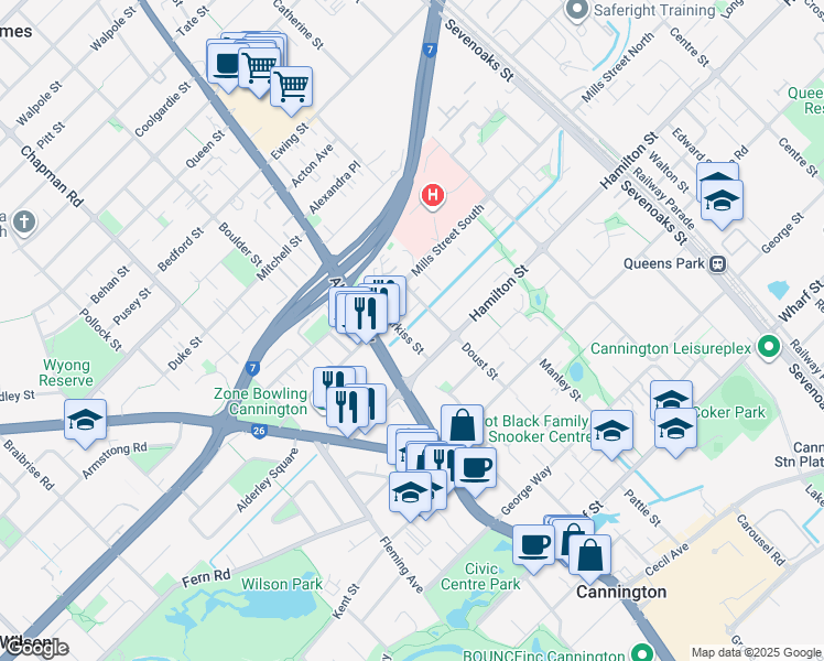 map of restaurants, bars, coffee shops, grocery stores, and more near 14A Purkiss Street in Cannington
