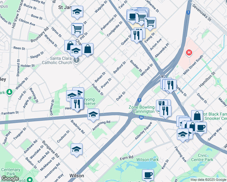 map of restaurants, bars, coffee shops, grocery stores, and more near 12 Wyong Road in Bentley