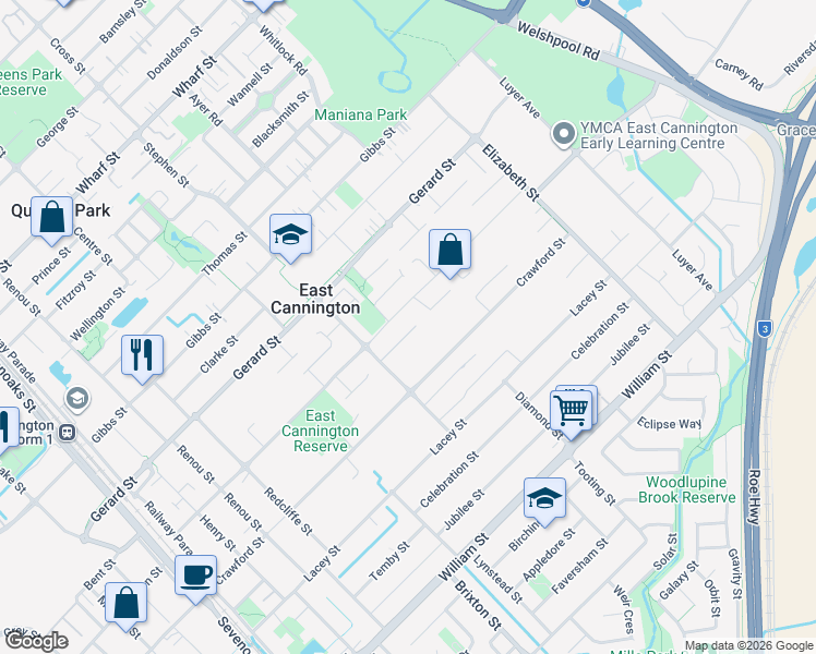 map of restaurants, bars, coffee shops, grocery stores, and more near 16 Greenshank Close in East Cannington