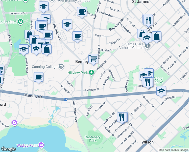 map of restaurants, bars, coffee shops, grocery stores, and more near 148A Walpole Street in Bentley