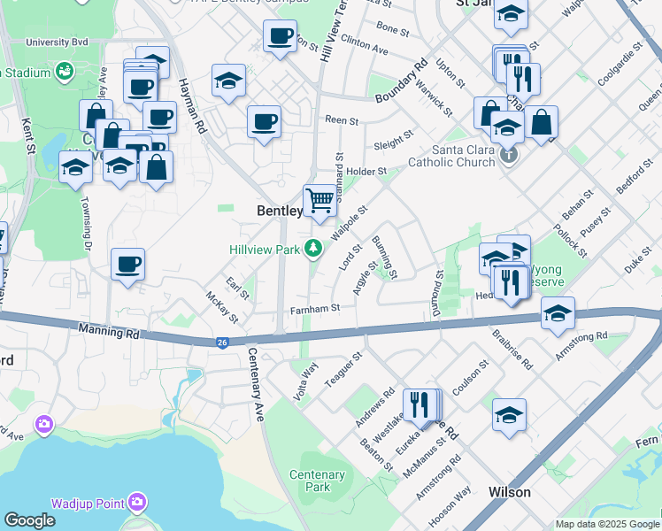 map of restaurants, bars, coffee shops, grocery stores, and more near 37 Lord Street in Bentley