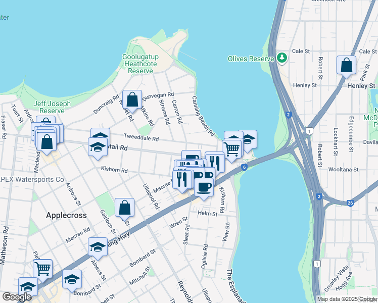 map of restaurants, bars, coffee shops, grocery stores, and more near 30 Kintail Road in Applecross