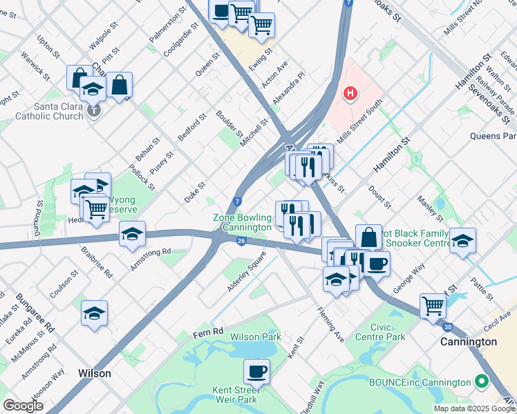 map of restaurants, bars, coffee shops, grocery stores, and more near 9 Gochean Avenue in Bentley