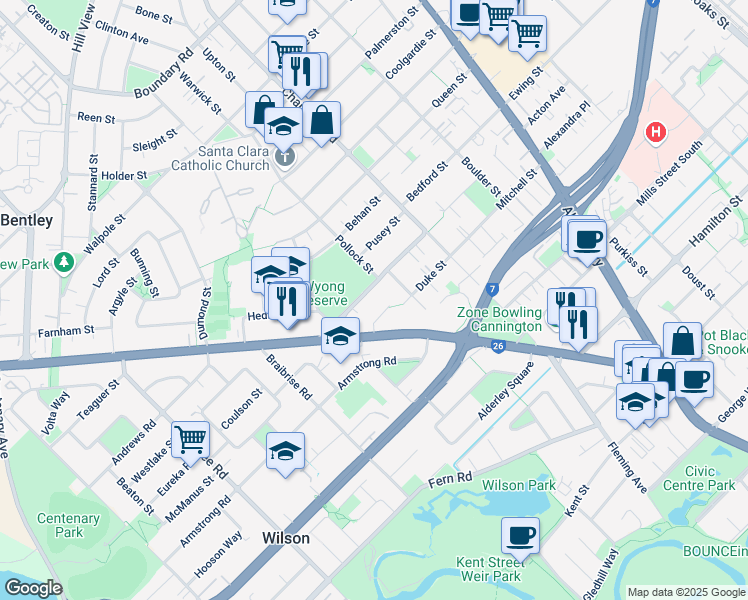 map of restaurants, bars, coffee shops, grocery stores, and more near 28-30 Wyong Road in Bentley