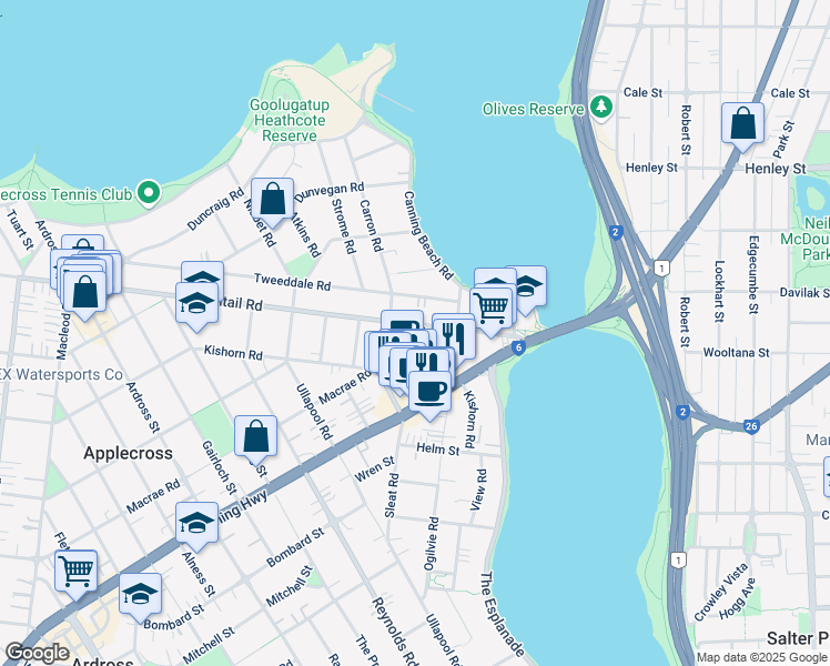 map of restaurants, bars, coffee shops, grocery stores, and more near 19 Kintail Road in Applecross